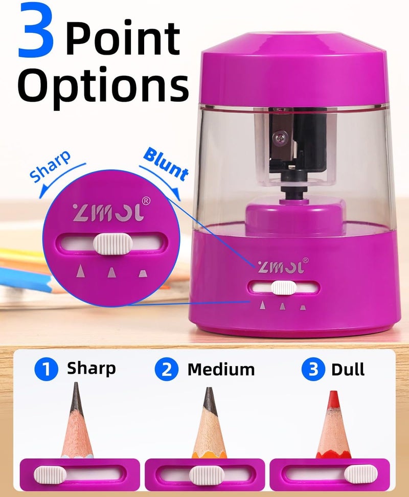 Zmol Electric Pencil Sharpener Battery Operated Power Kids for Colored & Jumbo Pencils No.2/(6-12mm) - Safe & Easy Use Plug in Portable with (AC Adapter,USB, Battery) for Classroom/Office/Home Pink - Image 3
